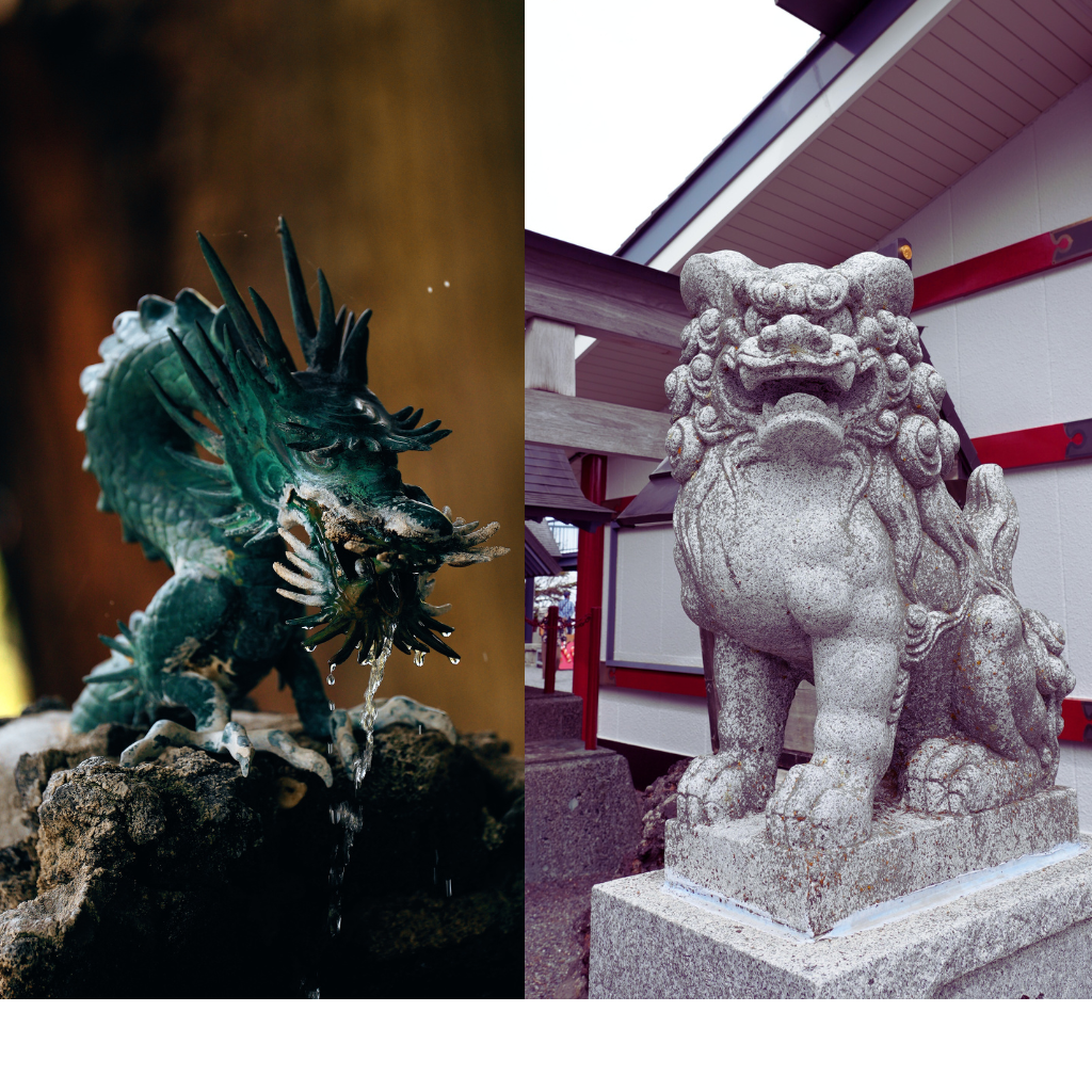 Dragon fountain at a Shinto shrine and a guardian lion statue at Mt. Fuji’s 5th Station in Yamanashi.