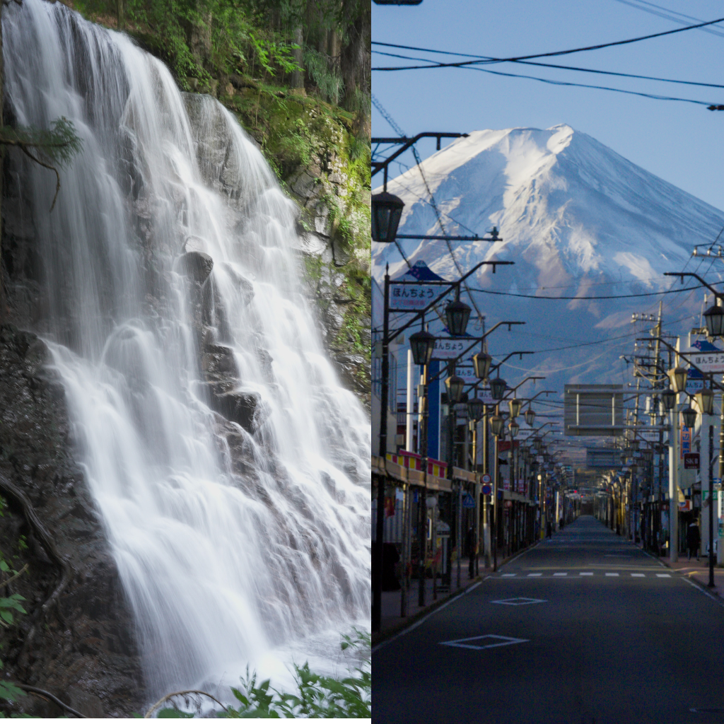 Haha no Shirataki waterfall in the forest and a dramatic view of Mt. Fuji from Honmachi Street in Fujikawaguchiko.