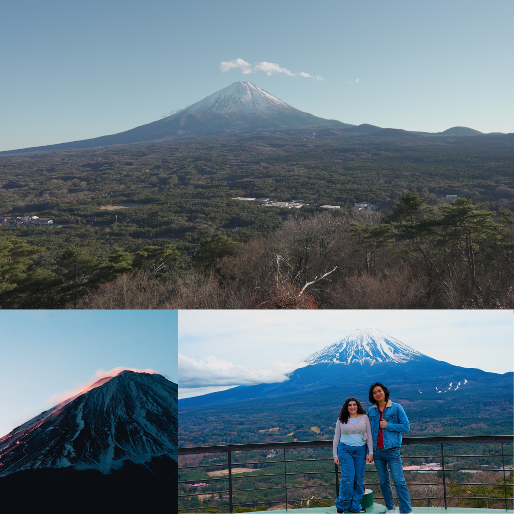 Couple posing with Mt. Fuji and panoramic mountain view from Momiji-dai in autumn, during a photo tour in Yamanashi.