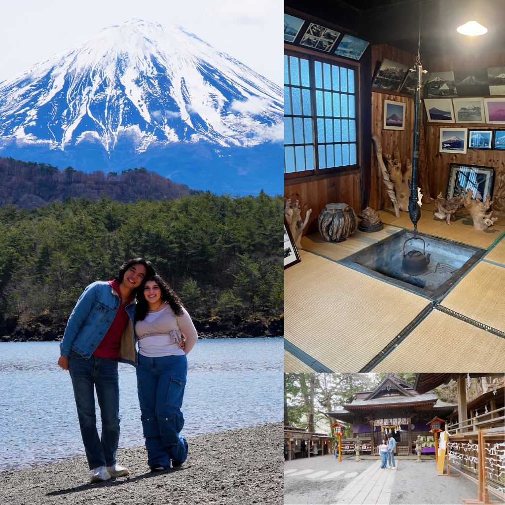 Lake Saiko shoreline, traditional Japanese house in Oshino Hakkai, and shrine pathway near Chureito Pagoda in Mt. Fuji area.