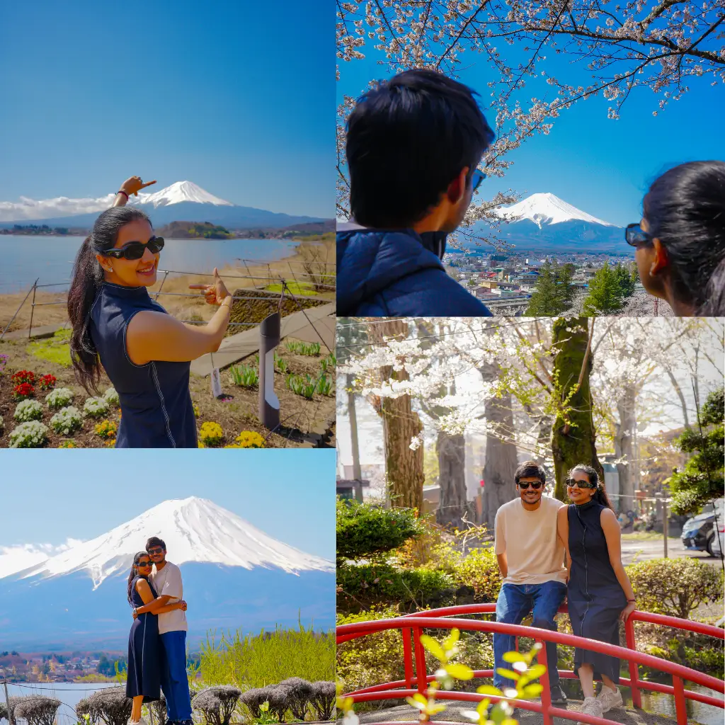 Mt. Fuji views from Oishi Park, Shimo Asama Shrine in the forest, and Chureito Pagoda with seasonal beauty in Yamanashi, Japan.