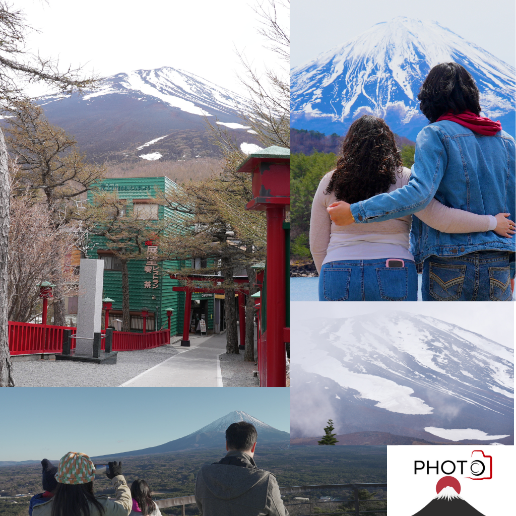 Views from Mt. Fuji 5th Station, couple posing with Mt. Fuji, and a family enjoying a photo tour at Momiji-dai in Yamanashi.