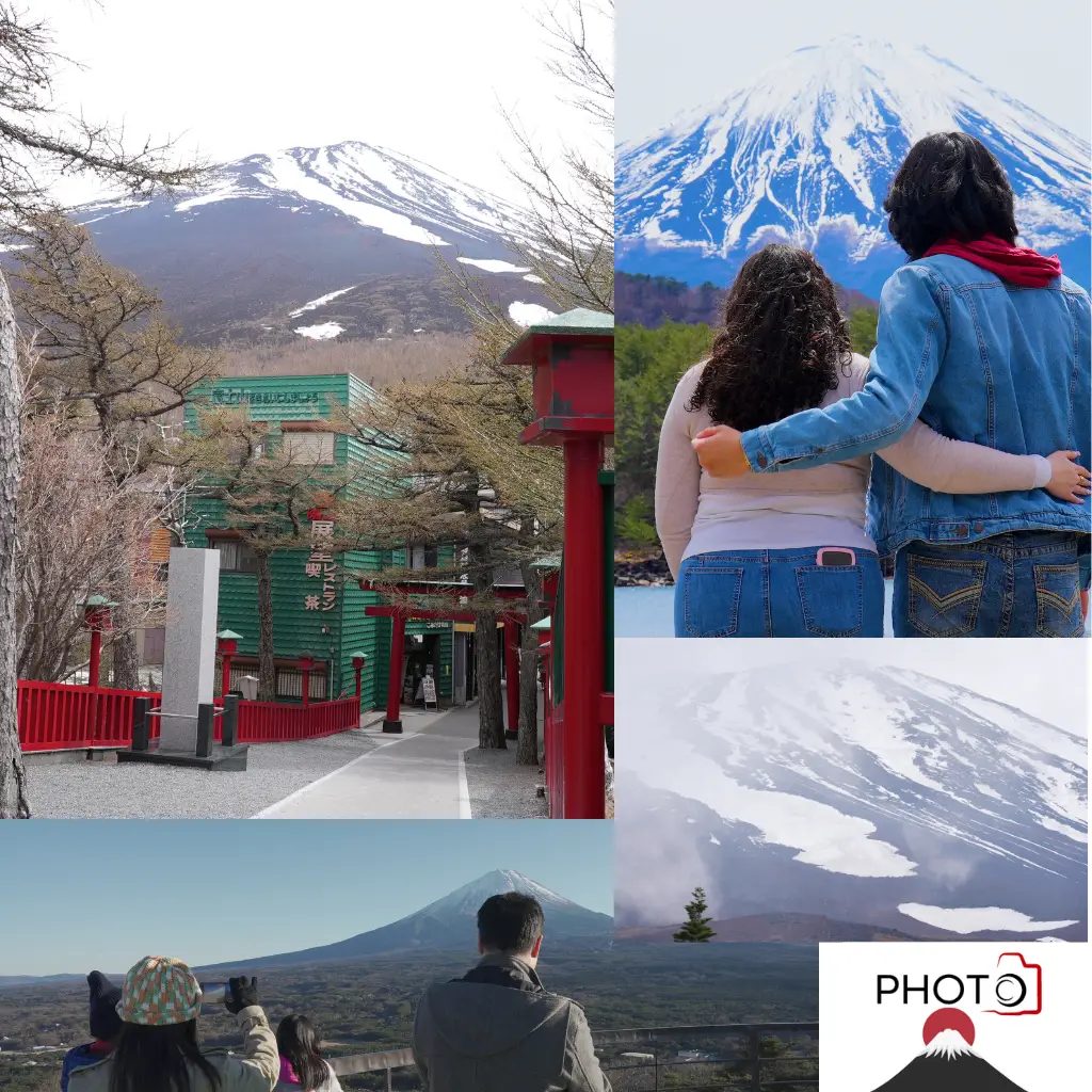 Views from Mt. Fuji 5th Station, couple posing with Mt. Fuji, and a family enjoying a photo tour at Momiji-dai in Yamanashi.