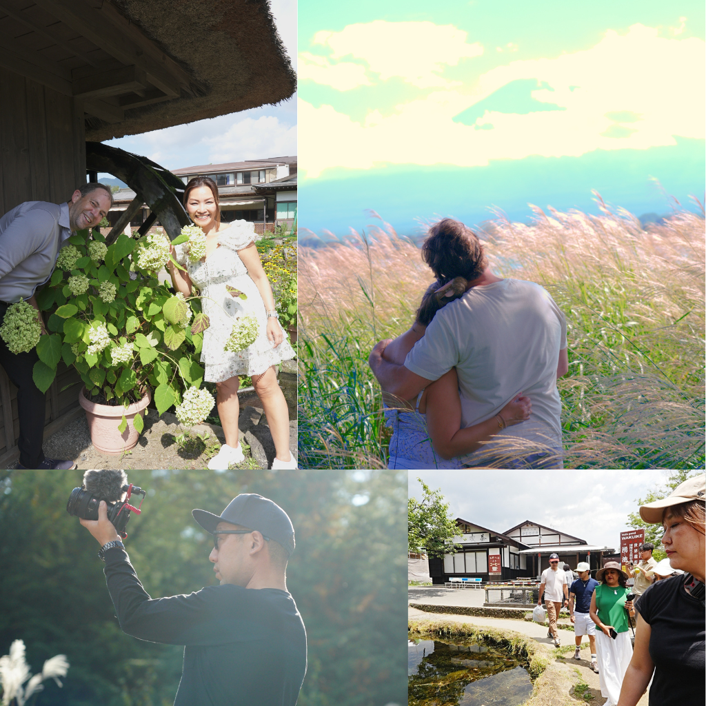 Couple posing by a traditional waterwheel in Oshino Hakkai and a photo tour with Mt. Fuji in the background near Lake Kawaguchiko.