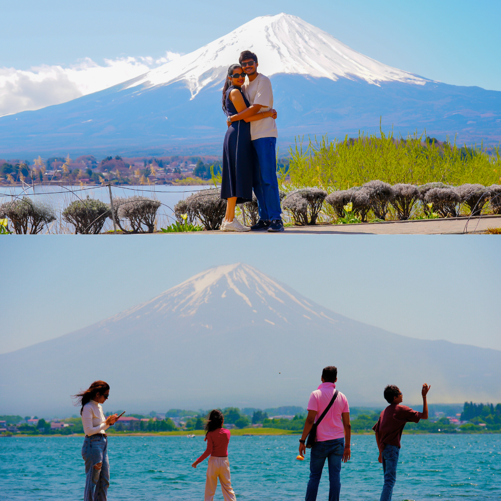 An Indian couple and family posing with Mt. Fuji in the background during a private photo tour at Lake Kawaguchiko.