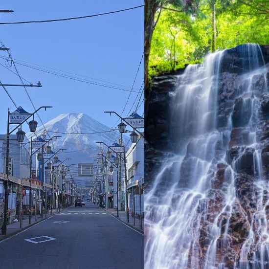A collage featuring a vibrant street view with Mt. Fuji and a peaceful waterfall in nature.