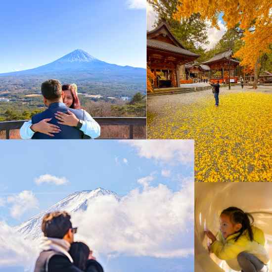 A collage showing a romantic couple embracing and a cheerful child playing on a slide.