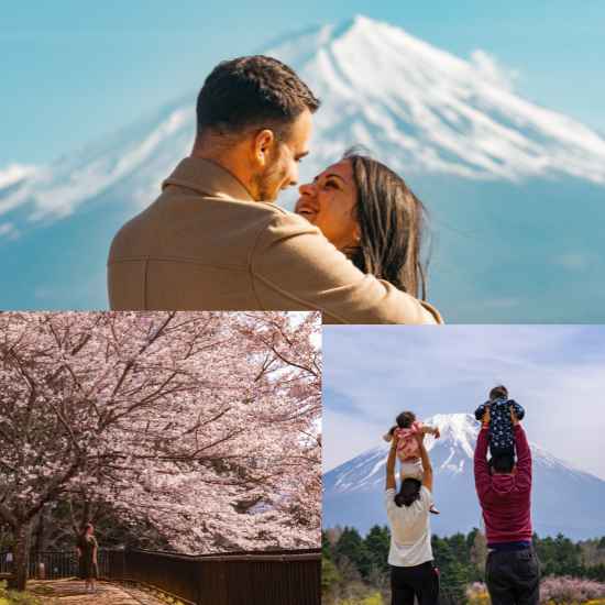 A joyful family lifting their children in the air with cherry blossoms and Mt. Fuji in the background.