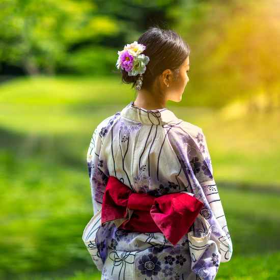 Woman wearing a traditional kimono during a cultural experience in Kawaguchiko