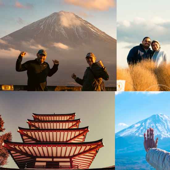 Tour guests smiling and posing cheerfully with a magnificent view of Mt. Fuji.