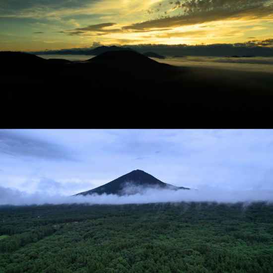 A majestic view of Mt. Fuji rising above a sea of clouds bathed in the golden light of sunrise.
