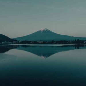 Mt. Fuji reflected on a calm lake in Kawaguchiko