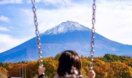 View of Mt. Fuji from the swing at Narusawa Ikiiki Square