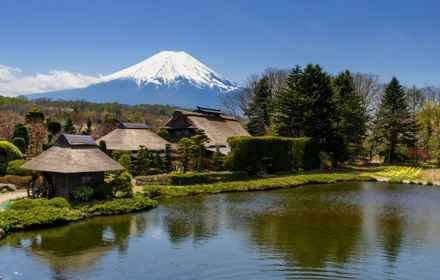 Traditional Japanese house and Mt. Fuji at Oshino Hakkai