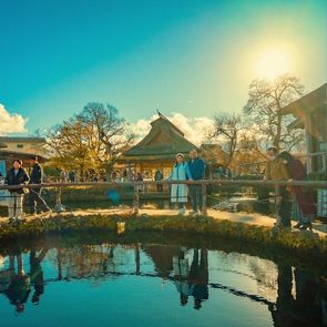 A view of Oshino Hakkai in Oshino Village, showing the traditional atmosphere and natural scenery of the area near Mt. Fuji.